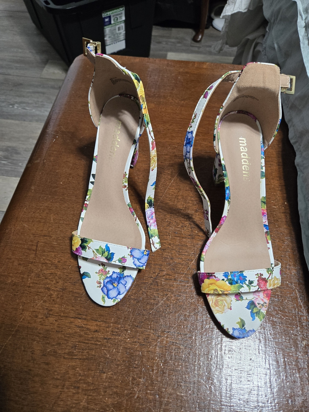 Madden Floral Ankle-Strap Heels in White Multi-Color